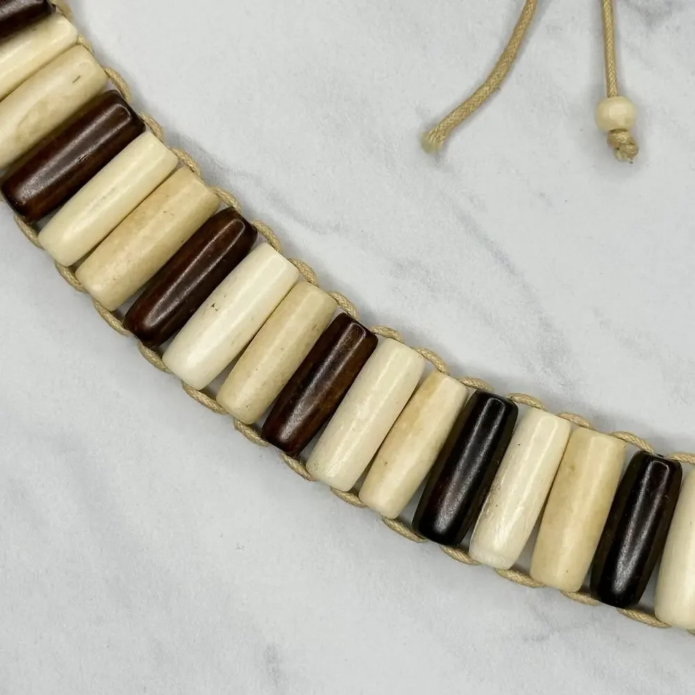 Wood Beaded Tie Belt Brown Cream Boho Statement Belt Medium (M) ✨